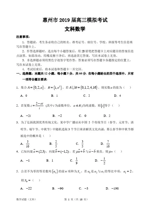 惠州市2019届高三模拟考试文科数学试题(含答案)