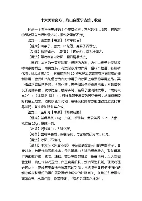 十大美容奇方，均出自医学古籍，收藏