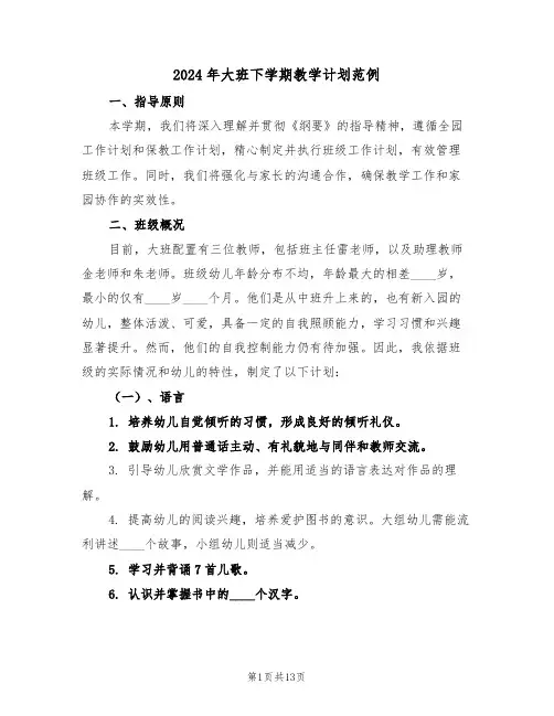 2024年大班下学期教学计划范例(五篇)