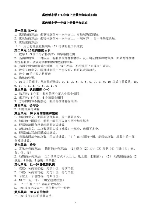 冀教版小学1-6年级上册数学知识点归纳