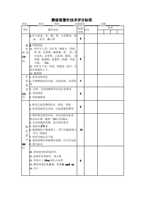 静脉留置针技术评分标准