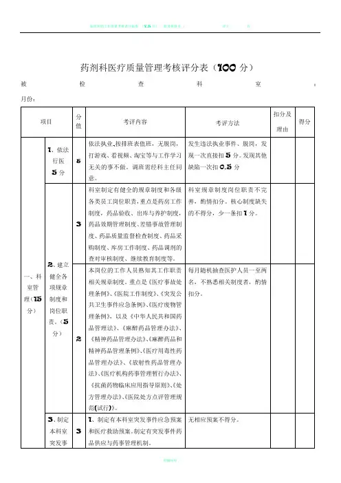 药剂科医疗质量管理考核评分表