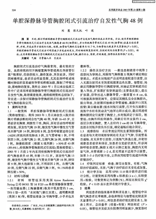 单腔深静脉导管胸腔闭式引流治疗自发性气胸48例
