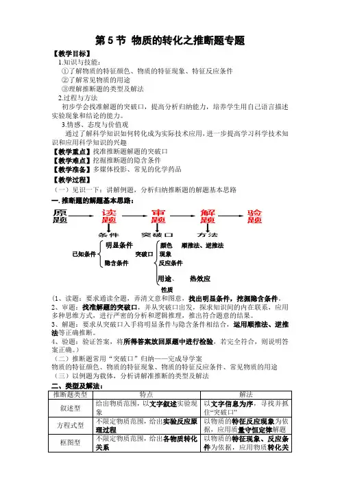 浙教版科学九年级上册第5节物质的转化之推断题专题教案