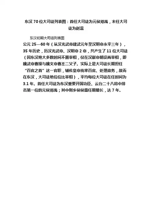 东汉70位大司徒列表图：首任大司徒为元侯邓禹，末任大司徒为赵温
