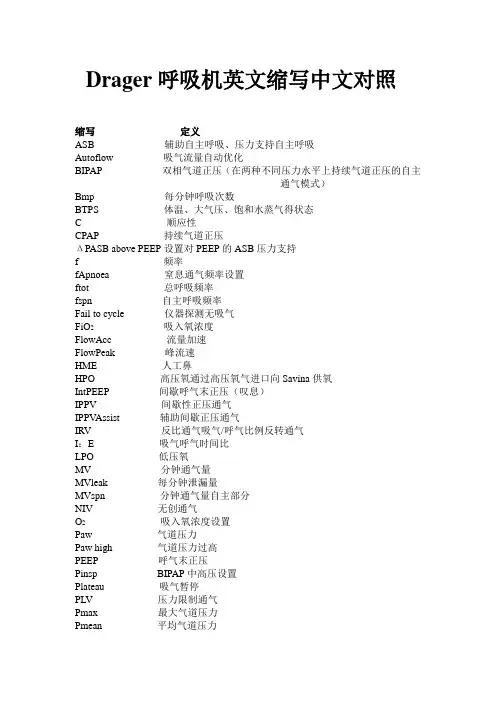 Drager呼吸机英文缩写中文对照