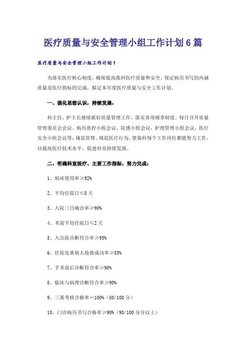医疗质量与安全管理小组工作计划6篇