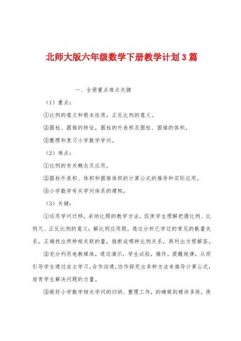 北师大版六年级数学下册教学计划3篇