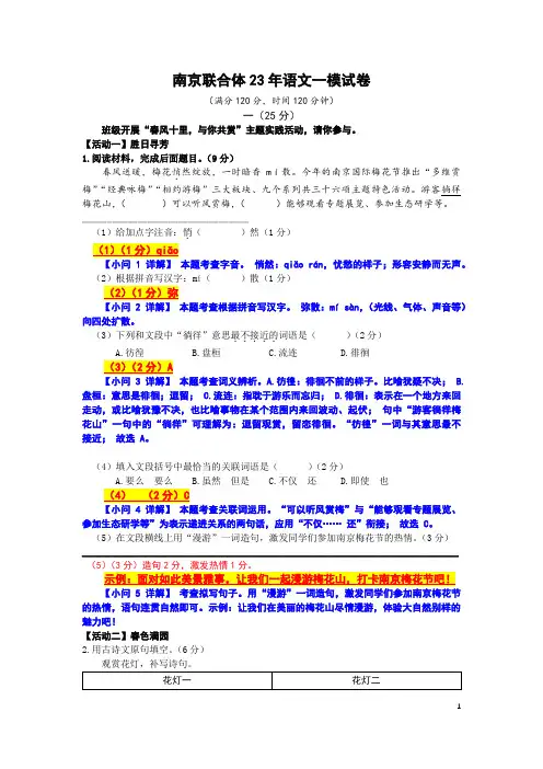 (含答案+详解)南京市联合体23年语文一模卷
