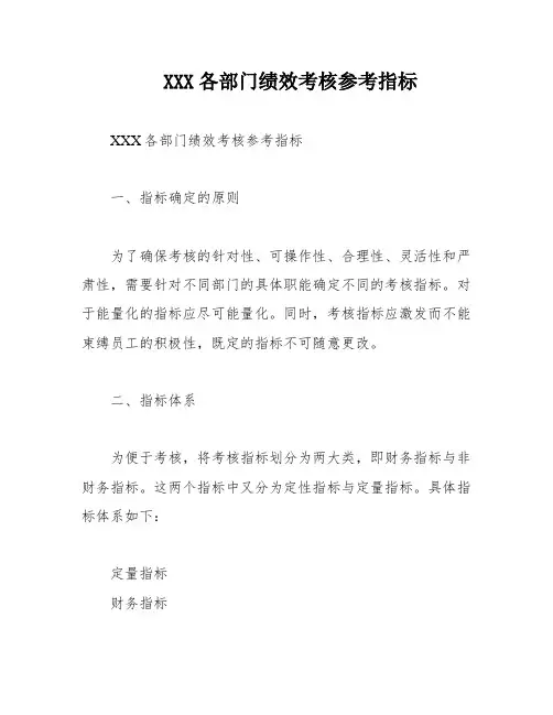 XXX各部门绩效考核参考指标