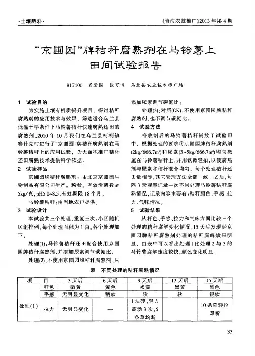 “京圃园”牌秸秆腐熟剂在马铃薯上田间试验报告