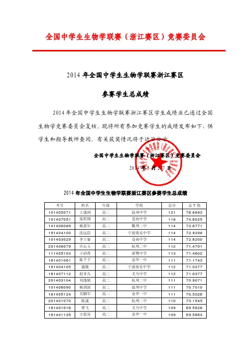 XXXX全国生物联赛浙江省成绩名单