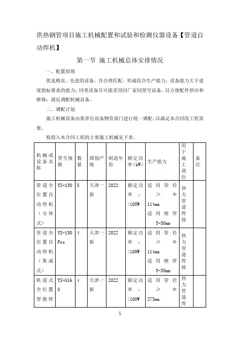 供热钢管项目施工机械配置和试验和检测仪器设备【管道自动焊机】