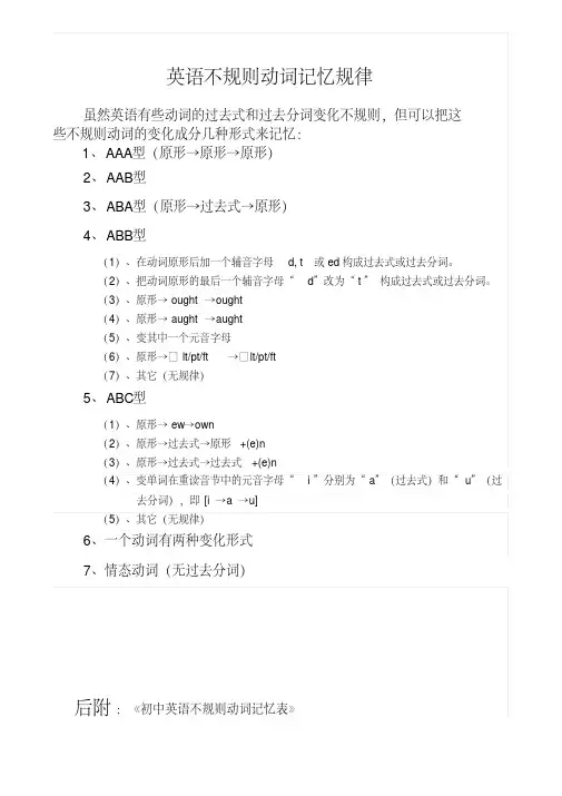 初中不规则动词过去式和过去分词表