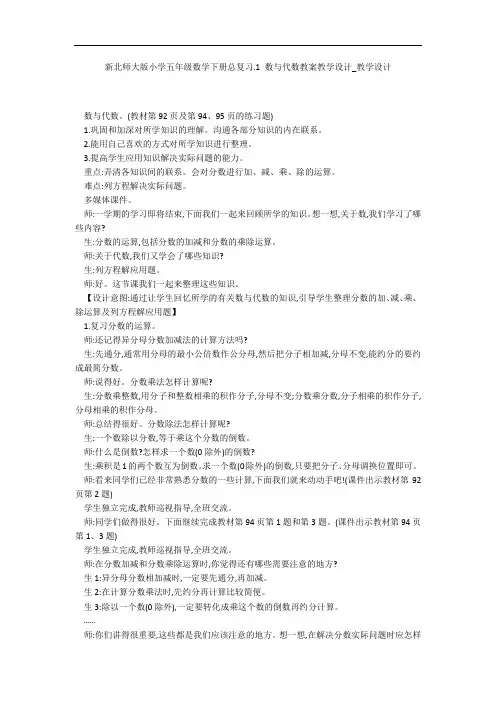 新北师大版小学五年级数学下册总复习.1 数与代数教案教学设计_教学设计 