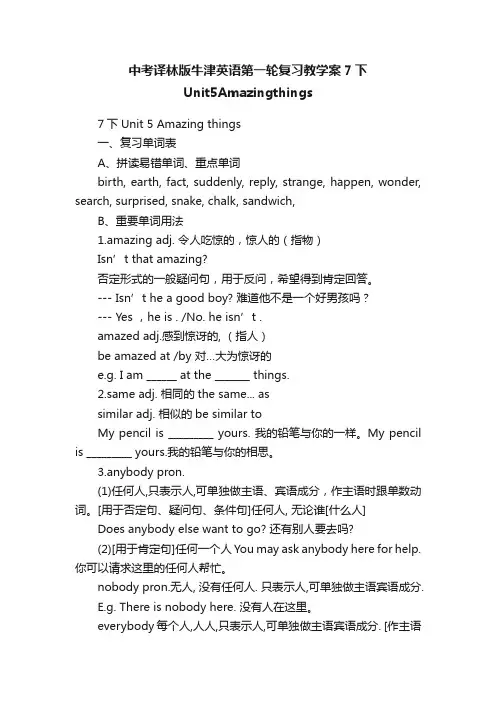 中考译林版牛津英语第一轮复习教学案7下Unit5Amazingthings