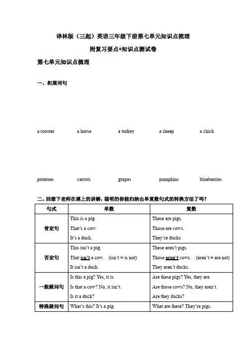 译林版(三起)英语三年级下册第七单元知识点梳理附复习要点+知识点测试卷及答案