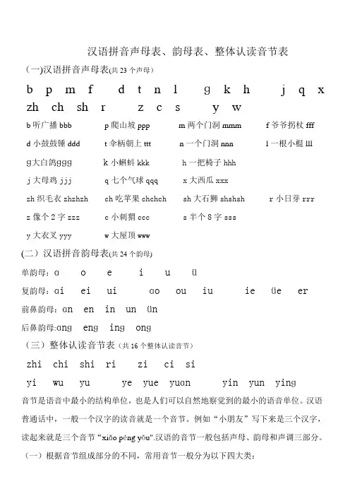 汉语拼音声母表、韵母表、整体认读音节表