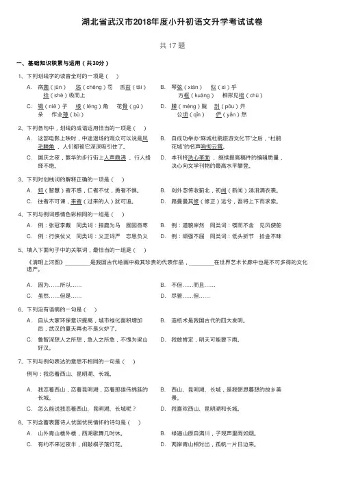 武汉小升初语文真题