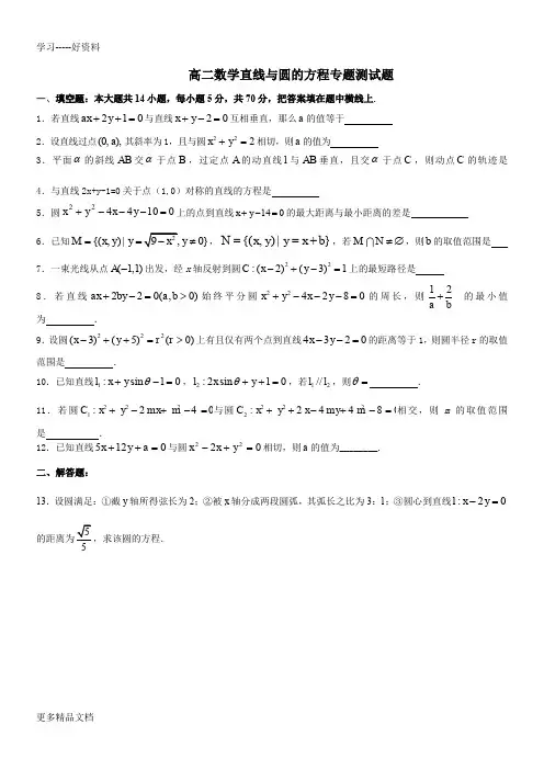 高二数学直线与圆的方程专题测试题汇编
