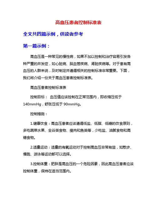 高血压患者控制标准表