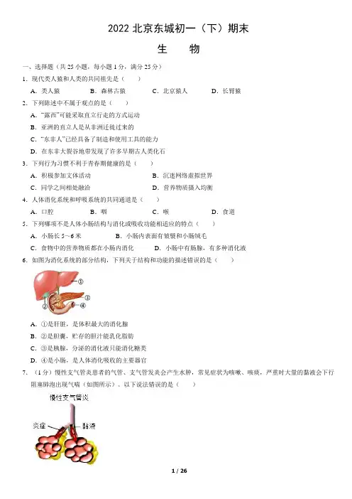 2022北京东城初一(下)期末生物(七年级试题含答案解析)