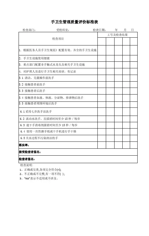 手卫生管理质量评价标准表