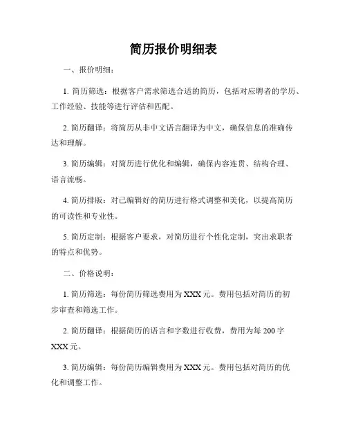 简历报价明细表