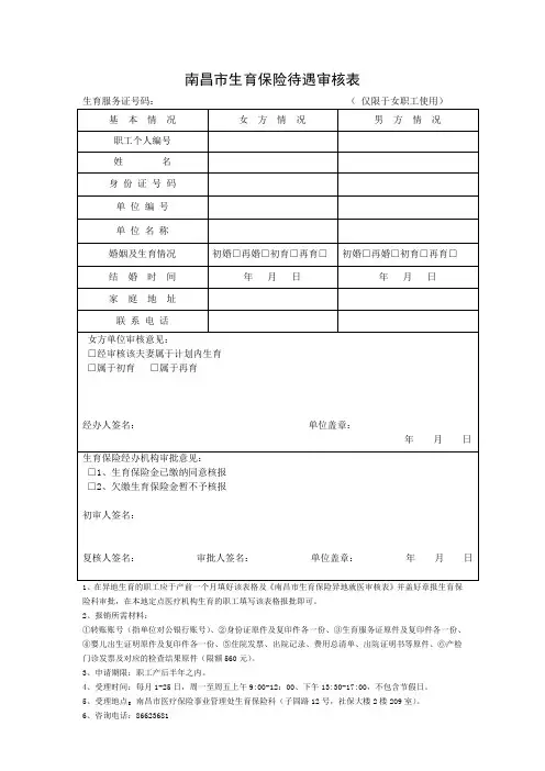 2015年南昌市生育保险待遇审核表