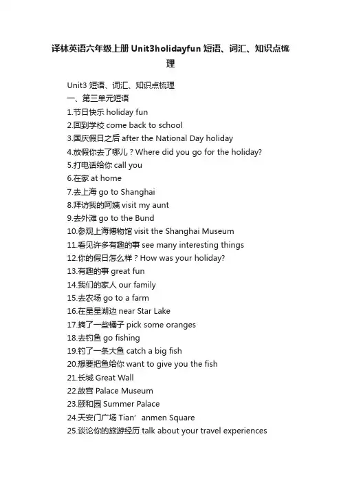 译林英语六年级上册Unit3holidayfun短语、词汇、知识点梳理