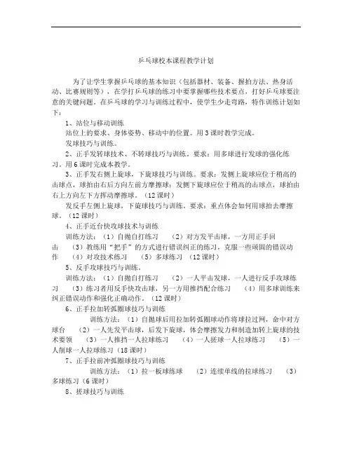 校本课程乒乓球计划 备课