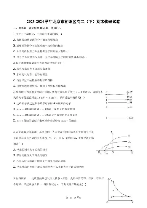 2023-2024学年北京市朝阳区高二(下)期末物理试卷+答案解析