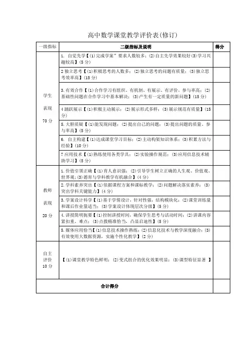 高中数学课堂教学评价表