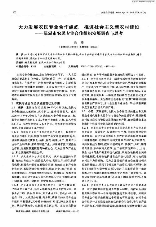 大力发展农民专业合作组织 推进社会主义新农村建设——巢湖市农民专业合作组织发展调查与思考