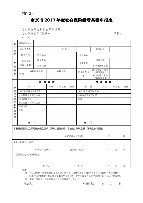 (附表2)《南京市2013年度社会保险缴费基数申报表》