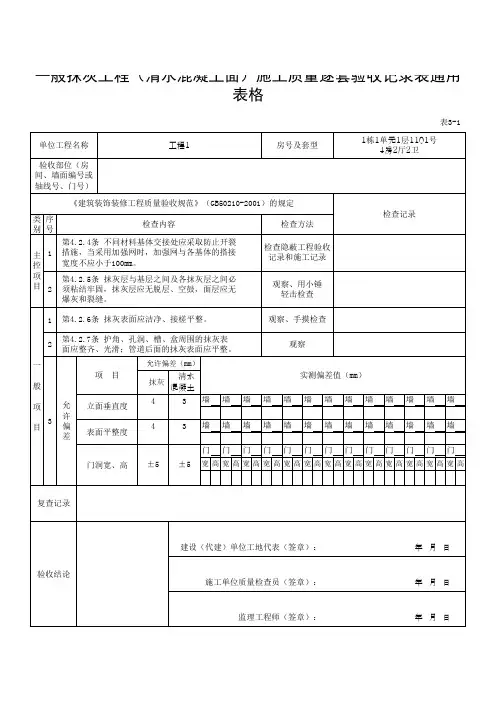 一般抹灰工程(清水混凝土面)施工质量逐套验收记录通用表格 (2)