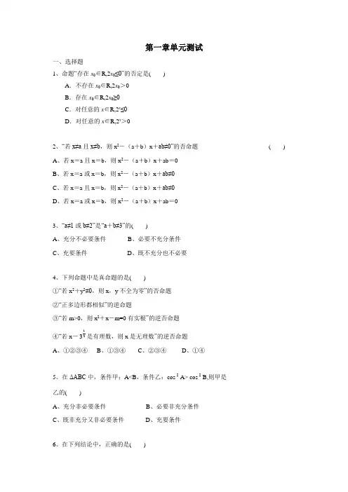学高中数学选修21人教版：第一章单元测试(附答案)