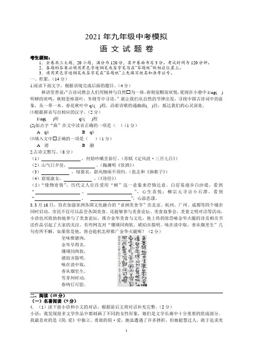 2021年初中九年级中考模拟卷—语文试题