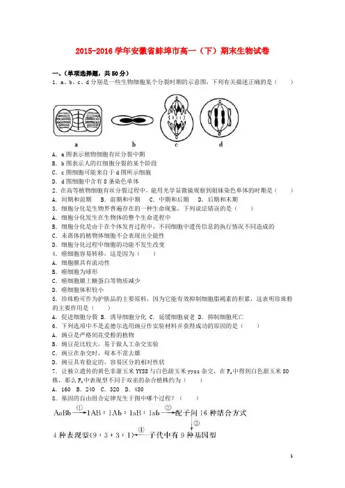 安徽省蚌埠市高一生物下学期期末试卷(含解析)