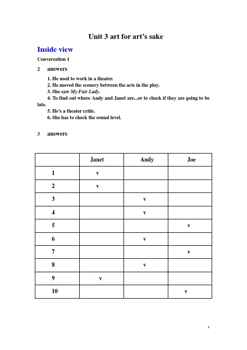 新标准大学英语视听说教程3第二版第3单元Unit 3 art for art’s sake答案