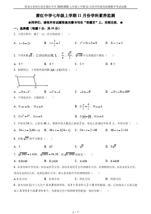 黑龙江省哈尔滨市萧红中学2019-2020七年级上学期11月份学科素养监测数学考试试题