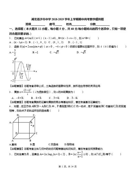 湖北省沙市中学2018-2019学年上学期期中高考数学模拟题