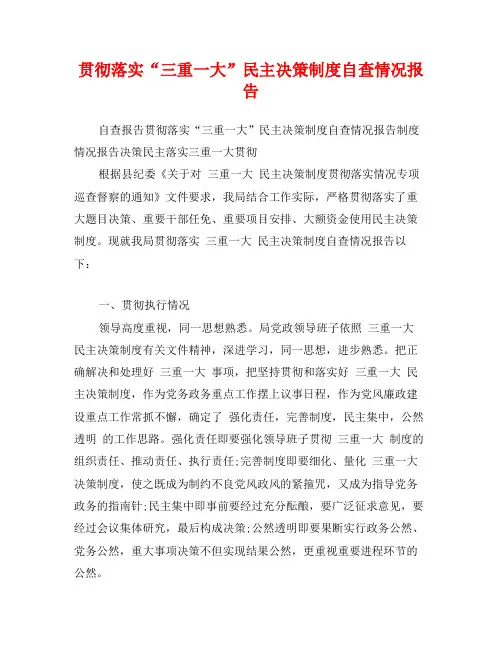 贯彻落实“三重一大”民主决策制度自查情况报告