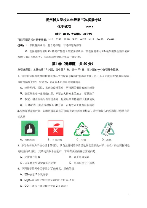 江苏省扬州中学教育集团树人学校2020届九年级第三次模拟考试化学试题