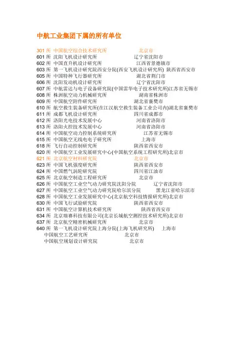 中航工业下属单位代 