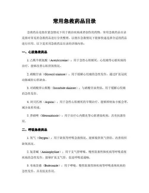 常用急救药品目录