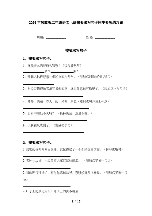 2024年湘教版二年级语文上册按要求写句子同步专项练习题