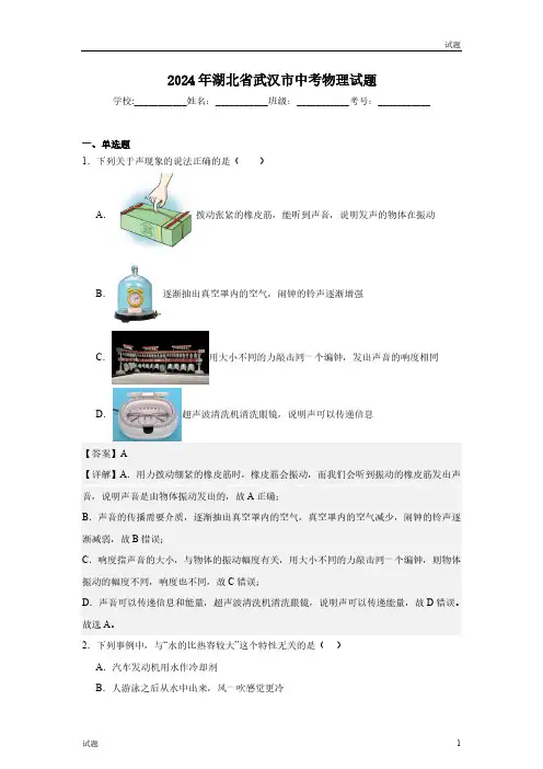2024年湖北省武汉市中考真题物理试卷含答案解析