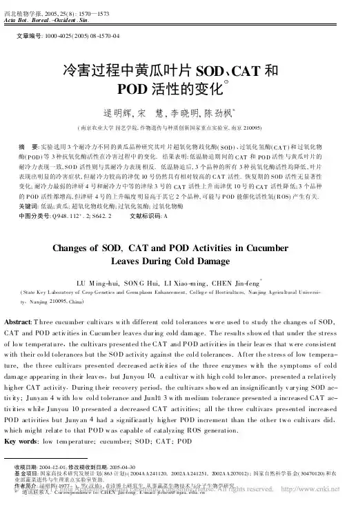 冷害过程中黄瓜叶片SOD_CAT和POD活性的变化