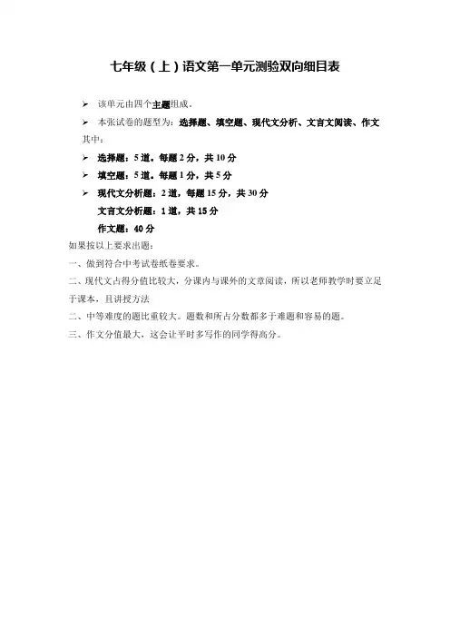 七年级语文第一单元测验双向细目表